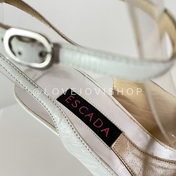 Feminine | Vintage Escada Kitten Heel Sandals | White Croc Embossed Leather - Picture 2 of 11